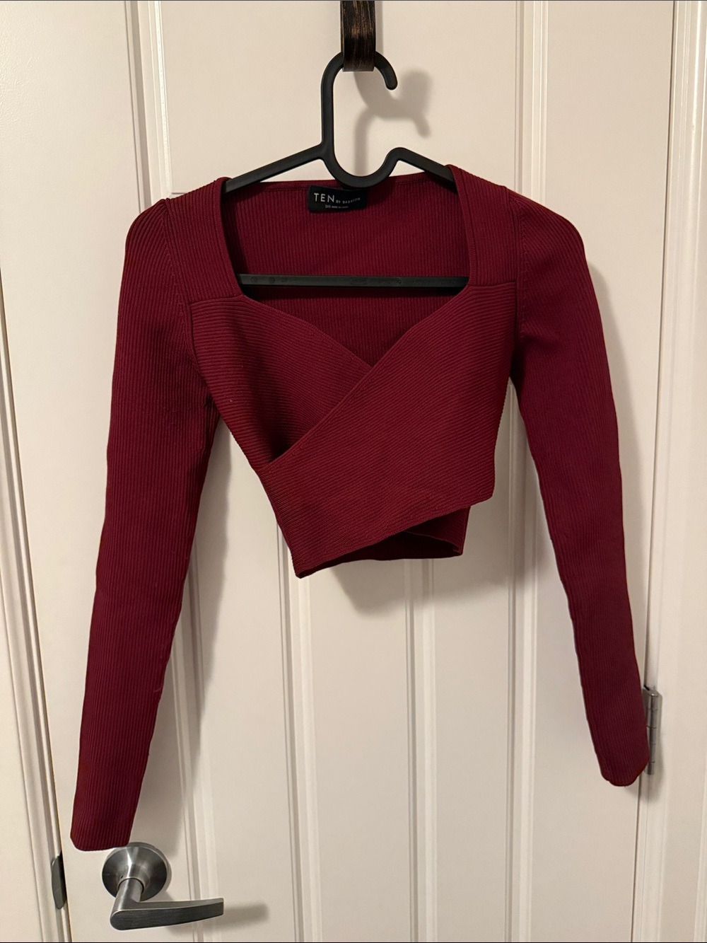 Babaton Wine Ribbed Wrap Crop Top